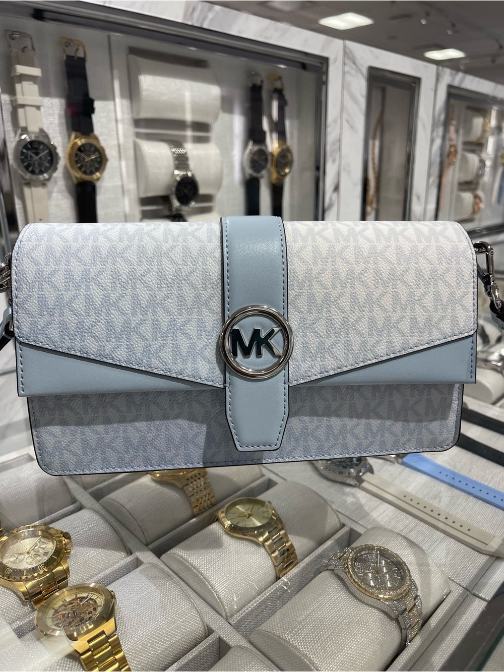 MICHAEL KORS Greenwich Md Signature Logo Shoulder Crossbody Satchel 
Pale Ocean - Picture 9 of 16